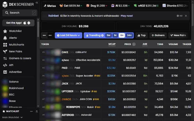 Screenshot: DEX Screener homepage