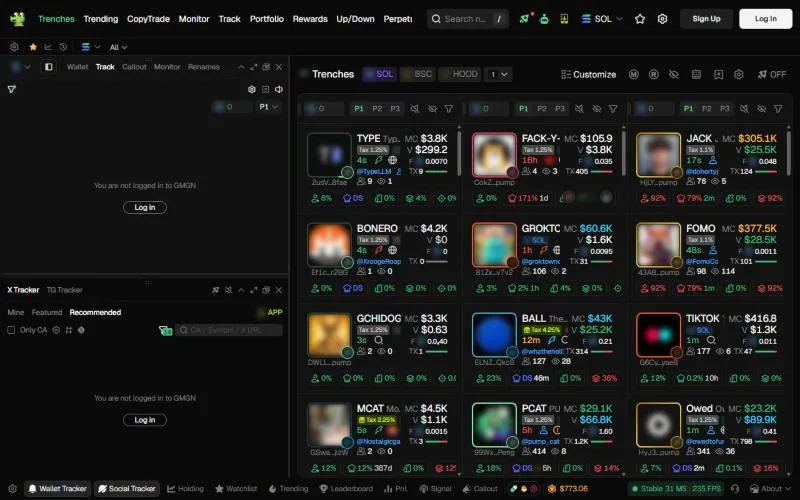 Screenshot: GMGN Solana "Trenches" screen (token images blurred)