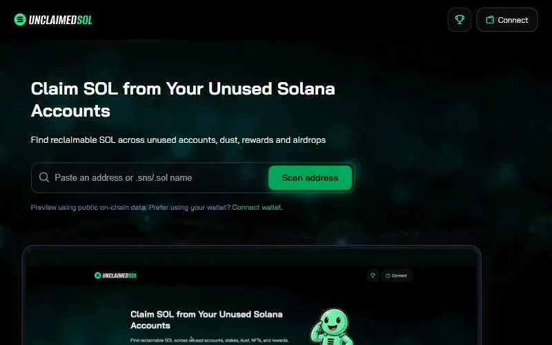 Screenshot: Unclaimed SOL homepage